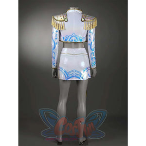 The rear of the costume features a small vent at the jacket’s lower edge, with blue iridescent patterns fading softly toward the hem, while gold trims outline the seams.