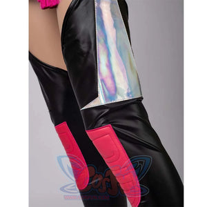 Close - up of the holographic panel on Mira’s black leg armor with pink accents.