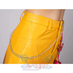 Close - up of a silver chain attached to the pocket of Mira’s yellow cosplay skirt.