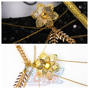 wo views of the gold decorative flower with chains. Features an intricate design and a central gem, enhancing the costume's elegance.