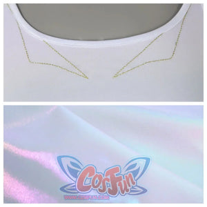 Focuses on gold stitching details on a white top’s neckline, alongside a close - up of the top’s iridescent fabric with shifting pastel hues.