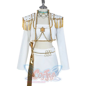 Presents the complete Mira costume, featuring a white cropped jacket with gold trims, a matching top, and a skirt adorned with a gold sash and chains, showcasing its stage - worthy design.