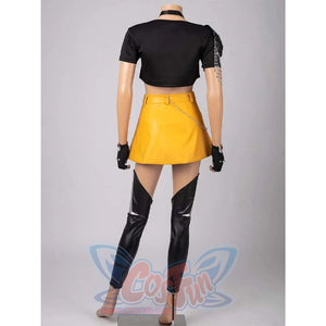 Back view highlighting the black top’s chain detail and yellow skirt design in Mira’s cosplay costume.