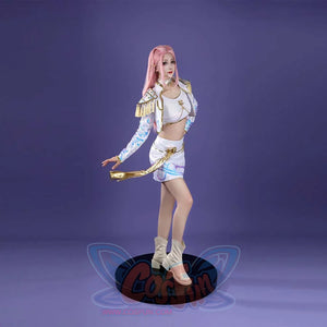 In motion, the Mira cosplay showcases the skirt’s flowing gold sash, complemented by the jacket’s intricate gold details and blue - patterned sleeves, with beige boots completing the look against purple.
