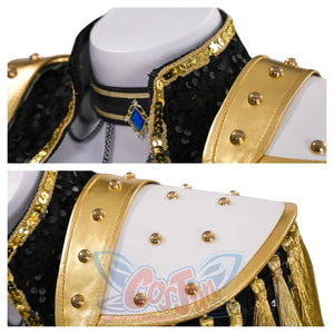 Two views of the shoulder and collar area. Highlights gold studs, a blue gem pendant, and sequined trim, showcasing detailed design.