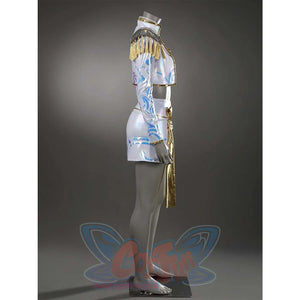 The side view emphasizes the costume’s sleek lines-the cropped jacket’s fitted shape contrasts with the skirt’s slight flare, accented by the gold sash’s diagonal placement.