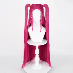 Mira cosplay wig in vivid pink, showcasing ultra -long, straight pigtails with smooth, glossy strands, mounted on a mannequin over a lace-edged stand.