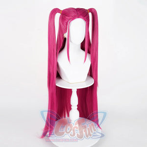 Mira cosplay wig in bright pink, featuring long, flowing pigtails with sleek, untangled strands, displayed on a mannequin from a side-front perspective.