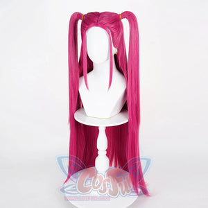 Vibrant pink Mira cosplay wig with lengthy pigtails; a circular inset highlights the neat, even texture and rich color of individual hair strands.