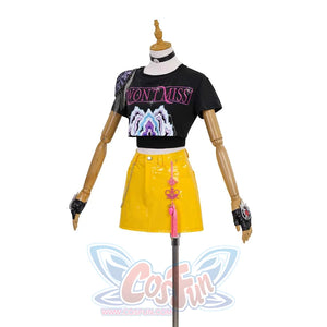 Highlights the intricate shoulder design of Mira’s tee, the skirt’s patent - leather finish, and the pink tassel accessory, with updated gloves.