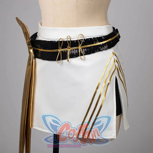 White mini skirt from Mira's cosplay costume with black sequin belt, gold metal ring decorations, flowing gold ribbon, side slit, and gold trim for an ornate look.