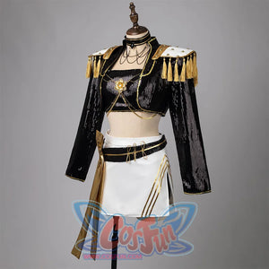 Mira cosplay costume's side view with black sequin crop top, gold tassels, white skirt with golden trim, black belt with flowing ribbons, and layered necklaces.
