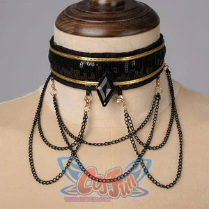 Elegant Mira's cosplay choker with black sequin band, gold trim, central black diamond pendant, and multiple black chains hanging from gold fittings.