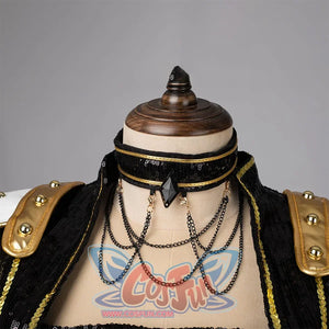 Elegant Mira's cosplay choker with black sequin band, gold trim, central black diamond pendant, and multiple black chains hanging from gold fittings.