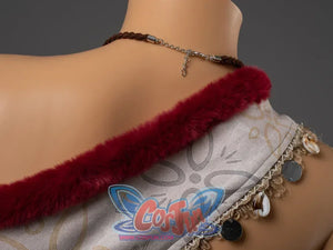Moana cosplay close-up of back shoulder showing braided necklace, red velvet fuzzy strap, and shell coin fringe trim