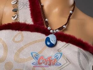 Close-up of Moana cosplay blue stone pendant on braided cord necklace with pearl beads, resting on red fuzzy strap
