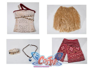 Moana cosplay complete costume set flat lay with all pieces and accessories organized display