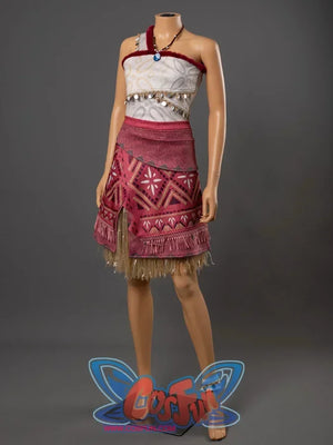 Moana cosplay complete outfit on mannequin shown from a three-quarter angle with red tribal skirt and accessories