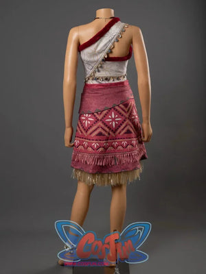 Back view of Moana cosplay costume on mannequin showing open-back top with red strap and red tribal skirt with fringe