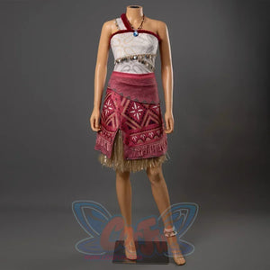 Moana cosplay full costume on mannequin with patterned top, red tribal skirt, gold grass underskirt and accessories