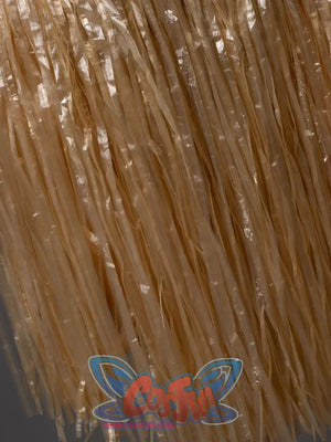 Close-up texture of the Moana cosplay grass skirt showing shiny gold flat ribbon-like raffia fringe strands