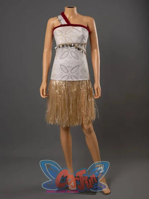 Moana cosplay costume on mannequin with patterned top, red velvet strap, and gold grass fringe skirt with ankle bracelet