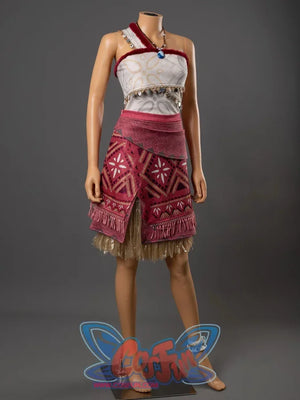 Moana cosplay island princess full costume on mannequin, front view with red tribal skirt and shell coin waist trim