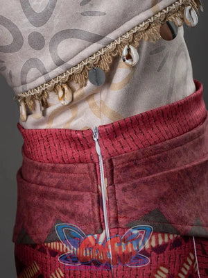 Moana cosplay red tribal skirt showing the side zipper closure and shell coin fringe trim on the top hem above