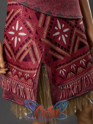 Moana cosplay red wrap skirt close-up with bold geometric Polynesian tribal print and pink tassel fringe hem