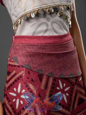 Moana cosplay red tribal skirt close-up showing geometric Polynesian print pattern and shell coin trim at the waistline