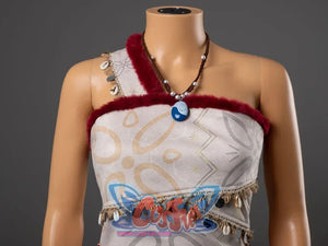 Moana cosplay costume close-up showing patterned top, red fuzzy strap, blue stone necklace and shell coin fringe trim