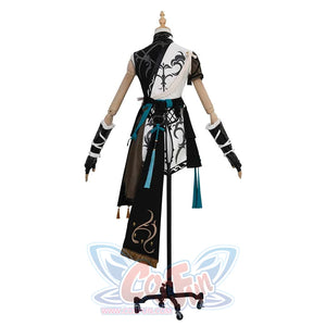 Back view of the Monk Cosplay Costume. It reveals the intricate patterns on the back of the top, the asymmetrical hem, and the detailed accessories hanging down.