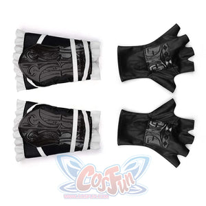 A set of black arm guards with white frills and straps, and matching fingerless gloves. The detailed patterns on the guards enhance the costume’s overall look.