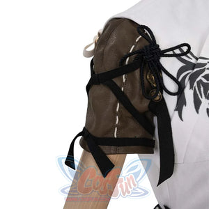 Close - up of a brown leather - like shoulder accessory with black straps and decorative knots. Adds a rugged, detailed touch to the costume.