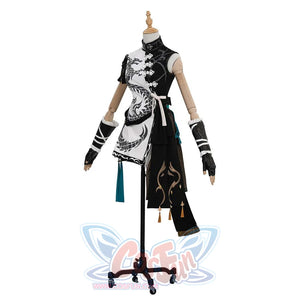 Another side view of the costume, showing slight changes in accessory arrangement. The dragon - printed top and unique sleeve design are prominent.