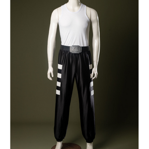 A white sleeveless round-neck base shirt, black pants with white stripe accents on the sides.
