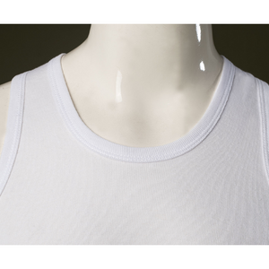 A classic white sleeveless round-neck shirt that provides a clean contrast against the colorful jacket.
