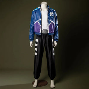 Mortal Kombat II Johnny Cage cosplay outfit consists of a blue-purple jacket, a white base shirt, and black pants.