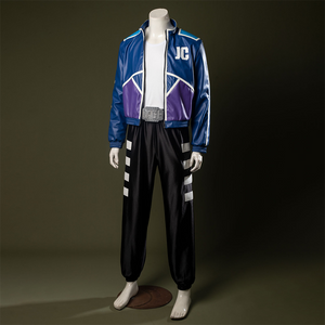 A white sleeveless round-neck base shirt, black pants with white stripe accents on the sides.