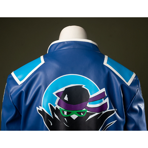 The combination of purple, green, and blue creates a vibrant contrast, with sharp lines and a dynamic composition.