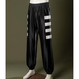 Black pants with white stripe accents on the sides and elastic cuffs for mobility and shape.