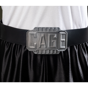 Black belt with a metallic-looking belt buckle embossed with “CAGE”.