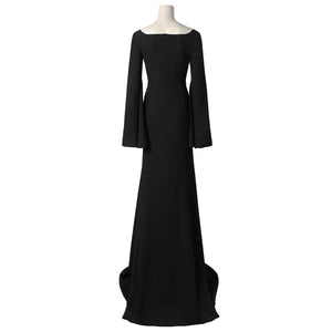 Back view of the Morticia Addams cosplay dress, featuring the off - shoulder neckline and long bell sleeves, against a plain white background.