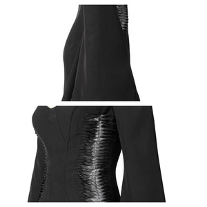 Extreme close - up of the Morticia Addams cosplay dress’s side cut - outs, highlighting the intricate layered design, against a white background.