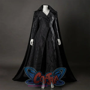 Movie Witch Elphaba Cosplay costume's whole is made of black wrinkled cloth, the long coat is designed with a tight waist, a large hem, and narrow sleeves, there are two button on the coat, and a velvet long cape on the back, there's a pair of tights black pants inside.