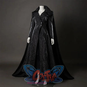 Movie Witch Elphaba Cosplay costume's side view,the whole is made of black wrinkled cloth, the long coat has two buttons on the front, which is designed with a tight waist, a large hem, and narrow sleeves, and a velvet long cape on the back.