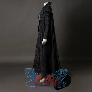 Movie Witch Elphaba Cosplay costume's long coat is made of black wrinkled cloth, which is designed with a tight waist, a large skirt, and narrow sleeves with stylish suit collar, and a velvet long cape on the back.