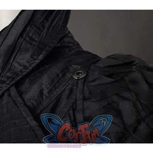 Wicked: For Good Elphaba Cosplay costume shoulder view, there is a snap button and lace decoration on each shoulder.