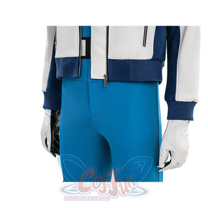 Mr. Fantastic cosplay costume waist close-up showing jacket hem, blue ribbed cuff, belt, and blue pants