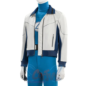 Mr. Fantastic cosplay jacket upper body front view showing white blue zip-up jacket with number 4 logo